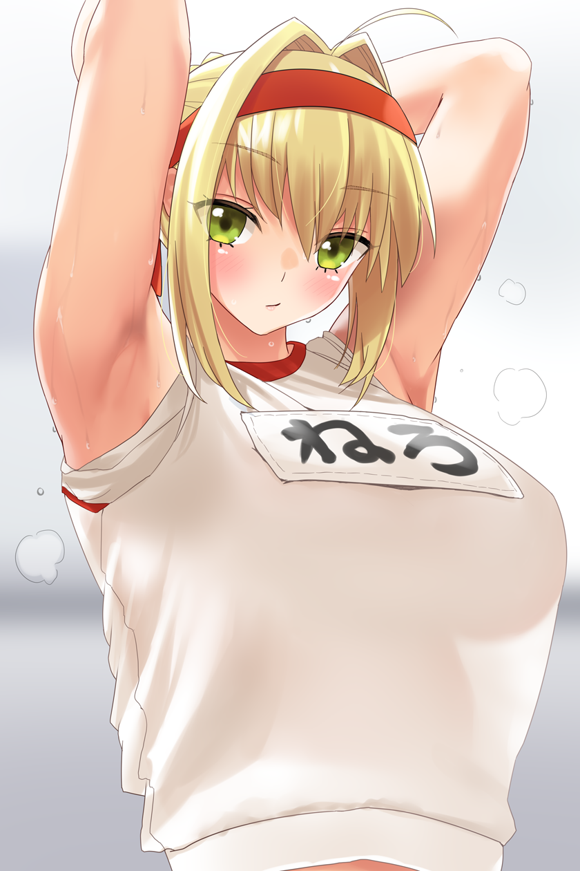 1girl ahoge bangs blonde_hair blush braid breasts fate/extra fate/grand_order fate_(series) french_braid gachou green_eyes gym_shirt gym_uniform hair_bun hair_intakes headband highres large_breasts long_hair looking_at_viewer nero_claudius_(fate) nero_claudius_(fate)_(all) olympian_bloomers red_headband shirt