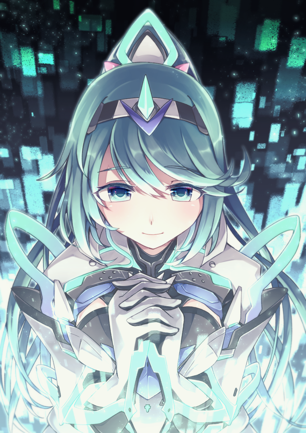 1girl aqua_eyes aqua_hair breasts from_above hands_together headband highres horns natsukawamikan pneuma_(xenoblade) ponytail single_horn tied_hair xenoblade_(series) xenoblade_2