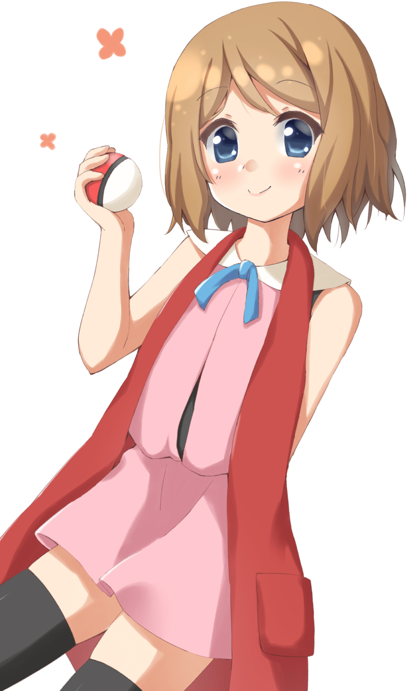 1girl bangs black_legwear blue_eyes blue_ribbon blush brown_hair commentary_request eyebrows_visible_through_hair haru_(konomi_150) highres holding holding_poke_ball looking_at_viewer poke_ball poke_ball_(generic) pokemon pokemon_(anime) pokemon_xy_(anime) ribbon serena_(pokemon) short_hair simple_background sleeveless sleeveless_duster smile solo thigh-highs white_background