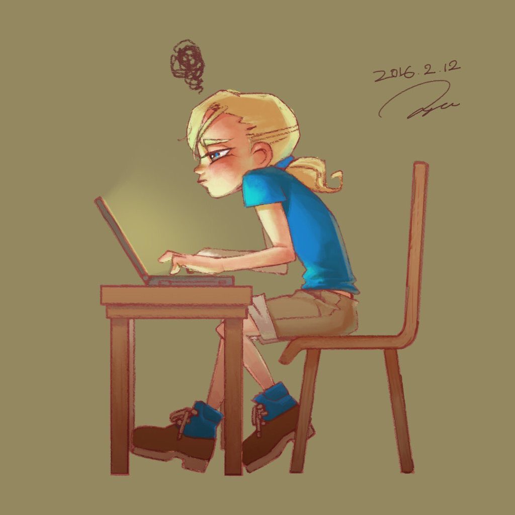 1girl blonde_hair blue_eyes blue_shirt brown_background brown_footwear brown_shorts computer laptop low_ponytail original ponytail profile shirt shorts signature simple_background sitting t-shirt table typing yamamoto_yuu