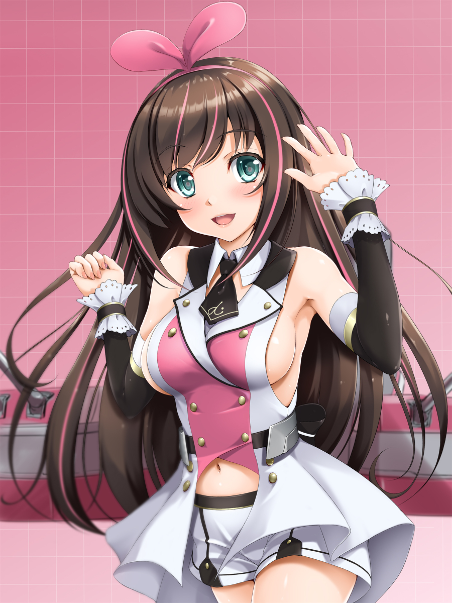 blush breasts green_eyes hair_ribbon highres kizuna_ai kizuna_ai_inc. long_hair looking_at_viewer multicolored_hair navel necktie no_bra open_mouth ribbon shorts toranoo