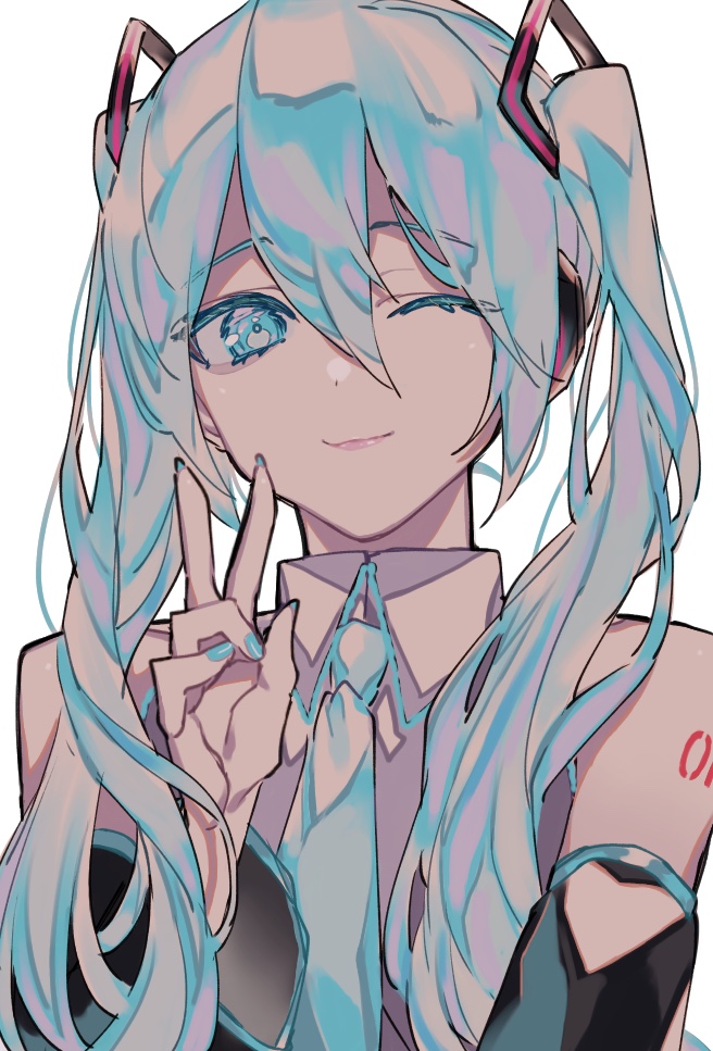 blue_eyes blue_hair blue_nails blue_neckwear eyebrows_visible_through_hair hatsune_miku light_smile long_hair looking_at_viewer looking_down necktie one_eye_closed puchipuchi twintails v vocaloid