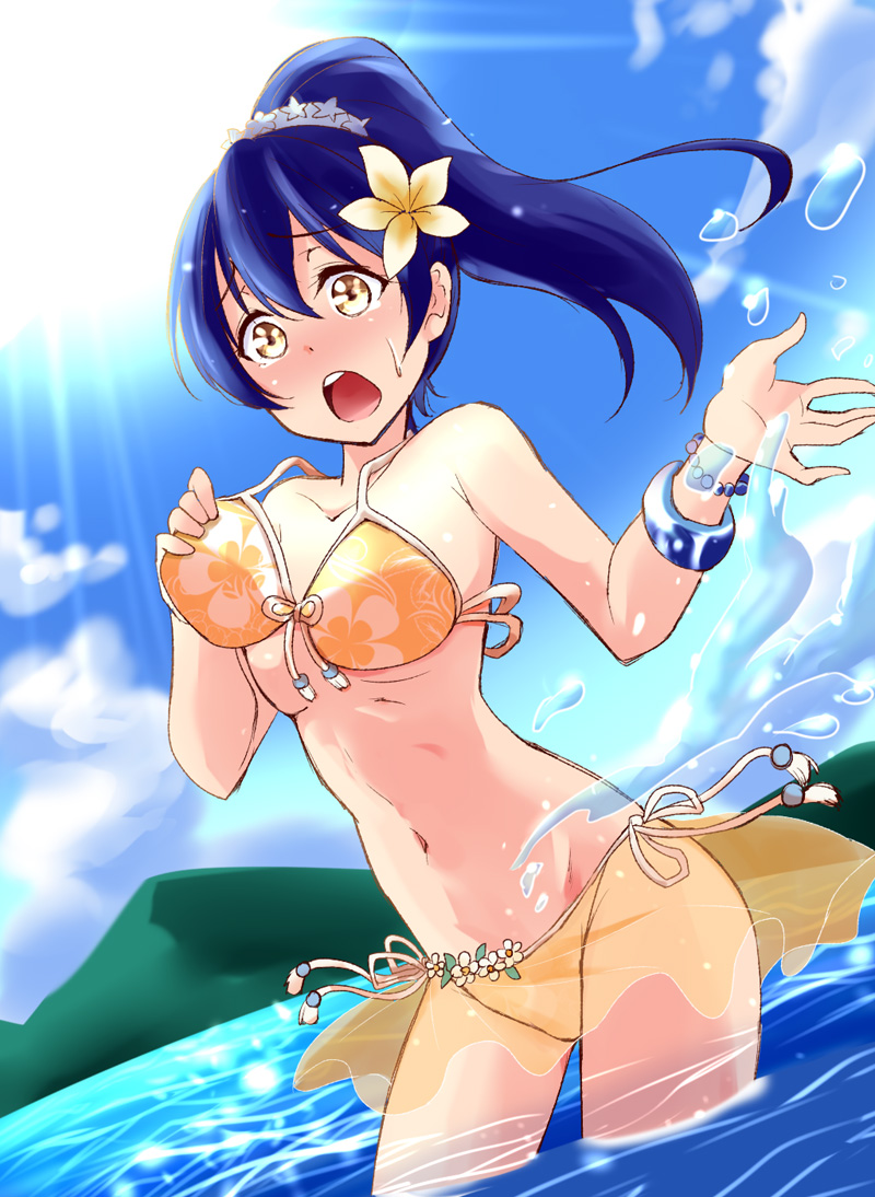 1girl bangs bikini blue_hair blue_sky breasts collarbone cowboy_shot day dutch_angle floating_hair floral_print flower groin hair_between_eyes hair_flower hair_ornament hibiscus long_hair love_live! love_live!_school_idol_project navel open_mouth outdoors print_bikini ribbon sarong see-through shiny shiny_hair side-tie_bikini sky small_breasts solo sonoda_umi standing summer sun sunlight swimsuit under_boob urutsu_sahari wading wardrobe_malfunction white_ribbon yellow_bikini yellow_eyes yellow_flower