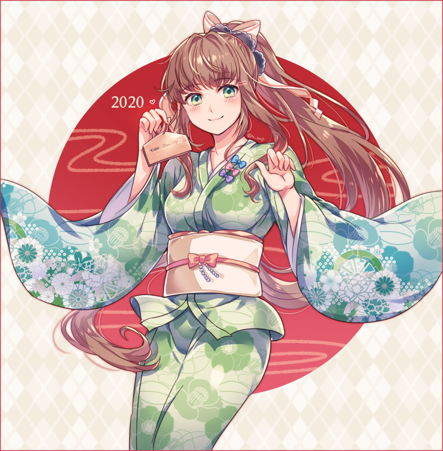 1girl 2020 aicedrop alternate_costume alternate_hair_ornament argyle argyle_background blush brown_hair commentary cowboy_shot doki_doki_literature_club ema eyebrows_visible_through_hair floral_print green_eyes green_kimono hair_ornament japanese_clothes kimono long_hair looking_at_viewer monika_(doki_doki_literature_club) obi ponytail print_kimono sash smile solo very_long_hair wide_sleeves