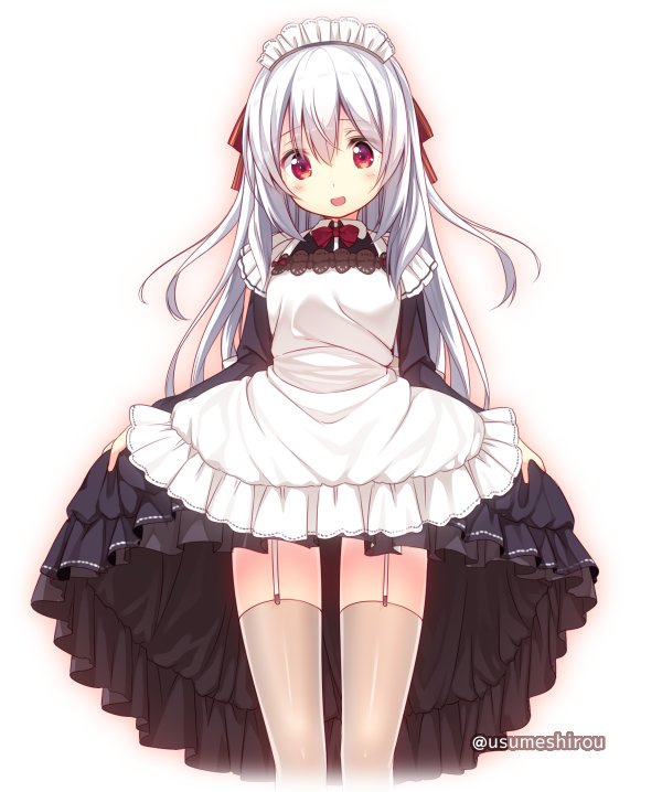 1girl apron artist_name black_dress dress dress_lift garter_straps lifted_by_self long_hair looking_at_viewer maid maid_headdress open_mouth original red_eyes silver_hair simple_background smile solo thigh-highs thighs usume_shirou white_apron white_background white_legwear zettai_ryouiki