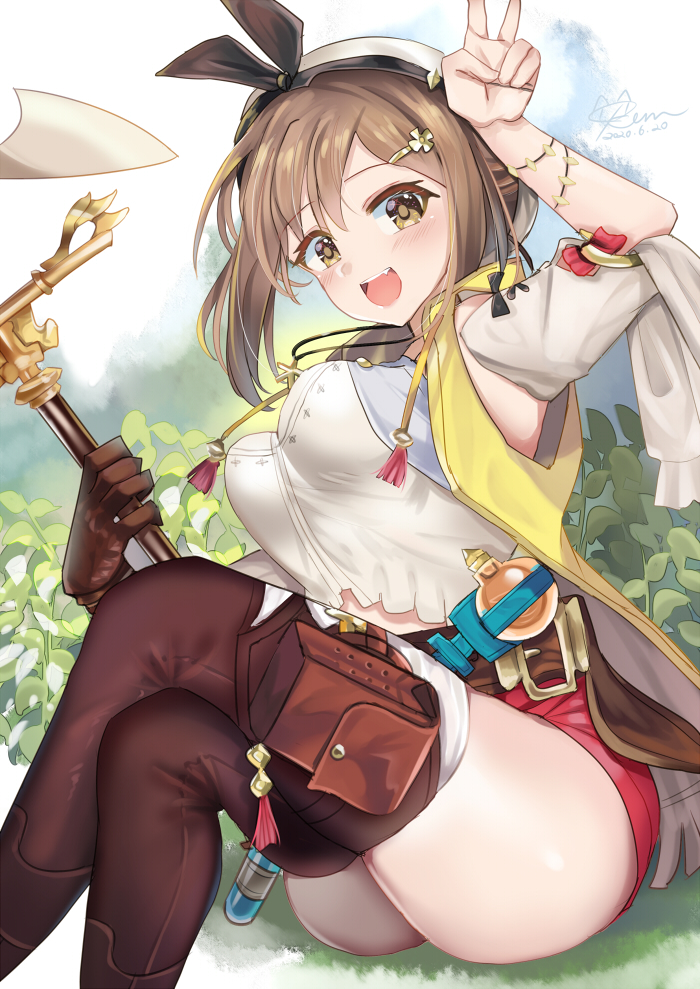 1girl :d arm_up atelier_(series) atelier_ryza belt blouse blush boots breasts brown_eyes brown_gloves brown_hair brown_legwear crossed_legs dated detached_sleeves flask gloves hair_ornament hairclip holding holding_staff kevn large_breasts leaf looking_at_viewer open_mouth red_shorts reisalin_stout shiny shiny_skin short_hair short_shorts shorts signature single_glove sitting smile solo staff thigh-highs thigh_boots v white_blouse white_headwear white_sleeves