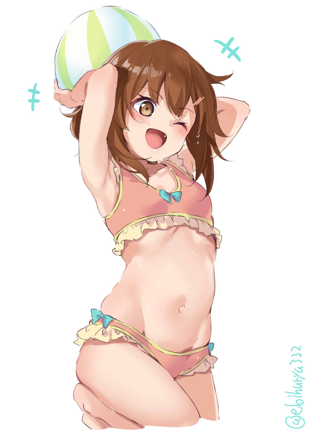 +++ 1girl ball beachball blush brown_eyes brown_hair collarbone cropped_legs ebifurya eyebrows_visible_through_hair fang fang_out groin hair_between_eyes hair_ornament hairclip highres holding holding_ball holding_beachball ikazuchi_(kantai_collection) kantai_collection navel one_eye_closed open_mouth short_hair simple_background smile solo twintails white_background