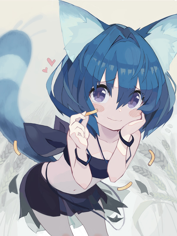 1girl animal_ear_fluff animal_ears bandeau bangs bare_arms bare_shoulders black_bandeau black_skirt blue_hair blush_stickers closed_mouth collarbone eyebrows_visible_through_hair food hair_between_eyes hand_on_own_face hands_up heart holding leaning_forward midriff navel noodles original pappii_(paprika_shikiso) paprika_shikiso pleated_skirt see-through skirt smile solo strapless striped_tail tail violet_eyes wheat_field