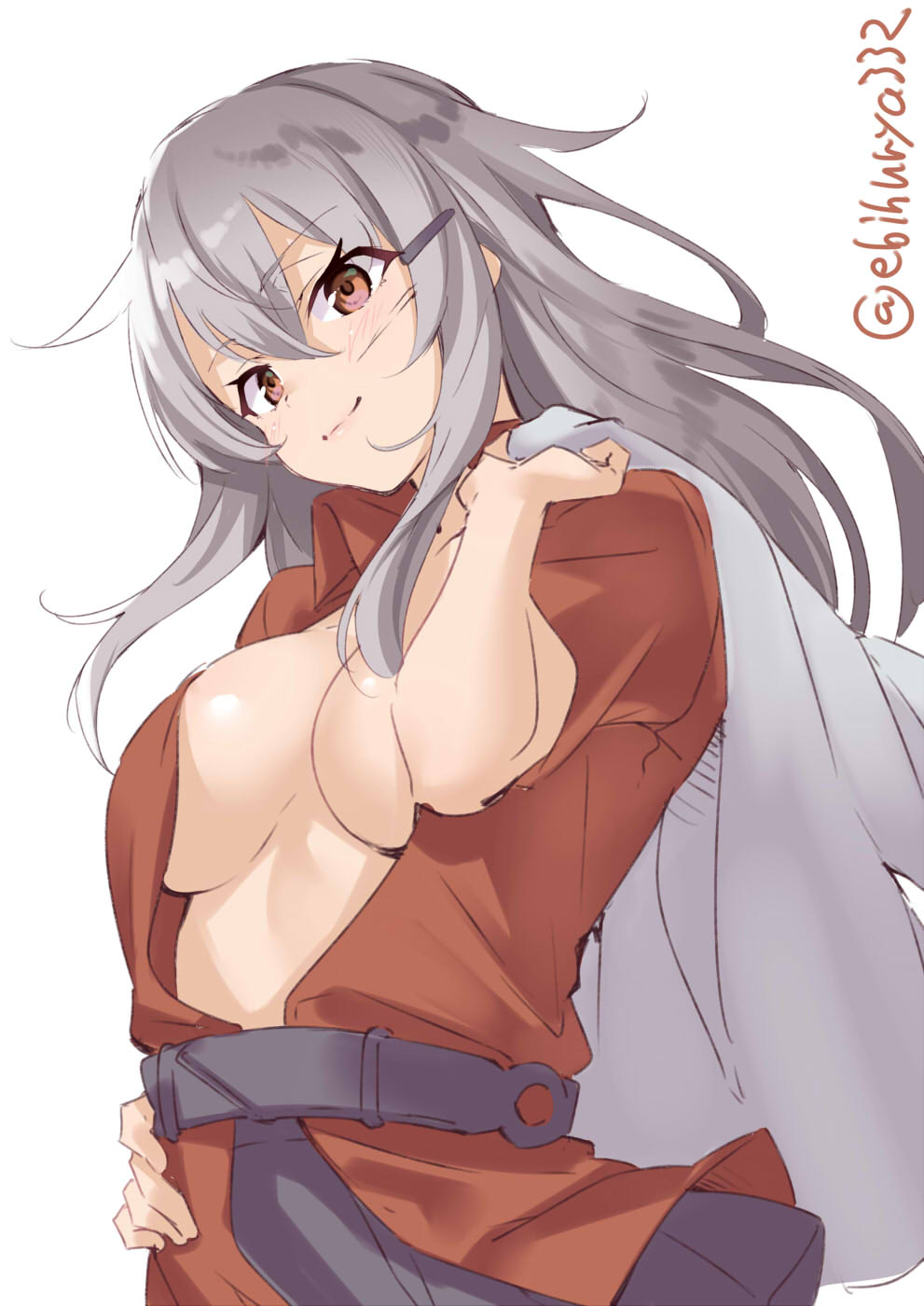 1girl belt black_skirt breasts ebifurya facial_scar gangut_(kantai_collection) grey_hair hand_on_hip highres jacket jacket_on_shoulders kantai_collection large_breasts long_hair looking_at_viewer military_jacket orange_eyes red_eyes red_shirt scar scar_on_cheek shirt skirt white_jacket