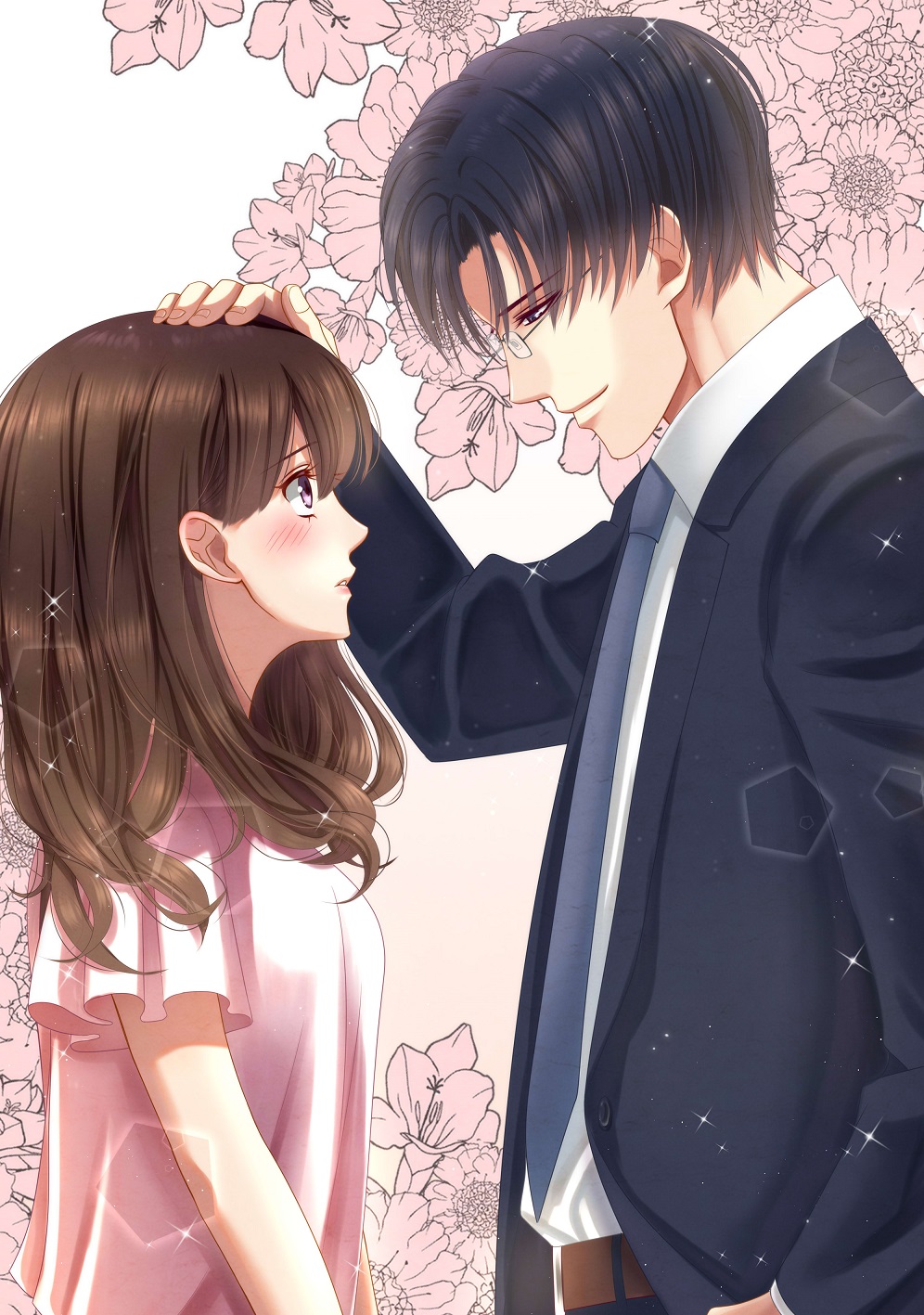 1boy 1girl belt black_hair blue_neckwear blush brown_eyes brown_hair cover cover_page eye_contact flower formal glasses hand_on_another's_head height_difference hetero highres izumi_(stardustalone) looking_at_another necktie neko_ni_nante_narenaikeredo official_art profile short_sleeves simple_background suit