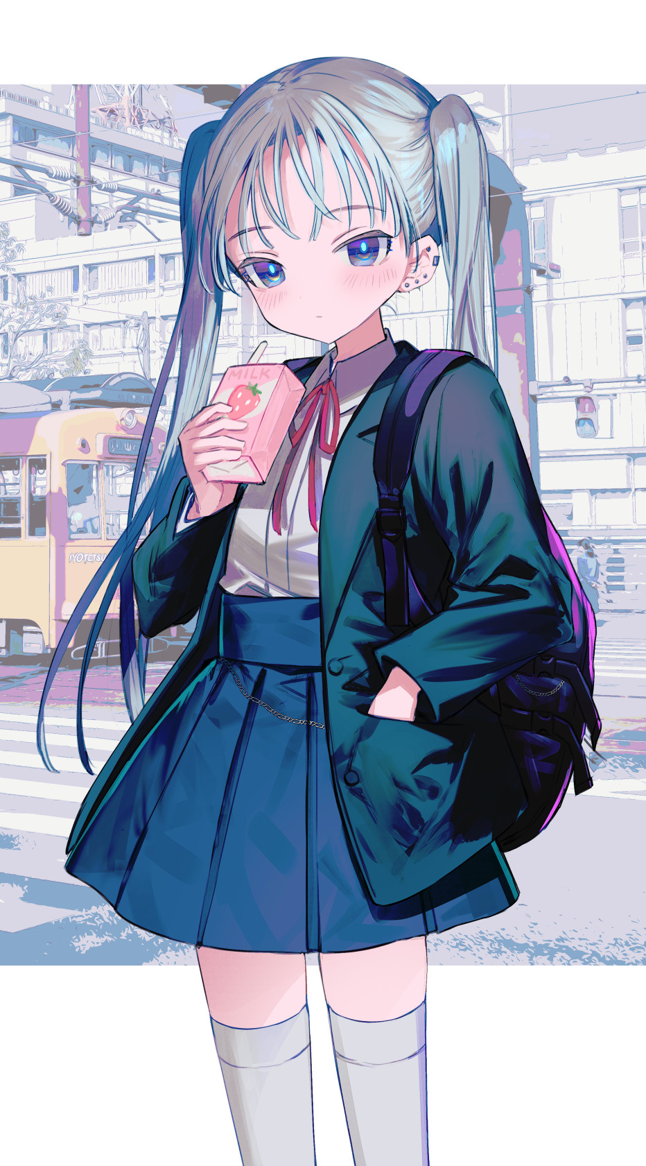 1girl backpack bag bangs black_jacket blue_eyes blue_skirt blush closed_mouth collared_shirt dress_shirt drinking_straw ear_piercing earrings eyebrows_visible_through_hair hand_in_pocket hayama_eishi highres holding jacket jewelry long_sleeves looking_at_viewer milk_carton open_clothes open_jacket original piercing pleated_skirt shirt silver_hair skirt solo stud_earrings thigh-highs twintails white_background white_legwear white_shirt