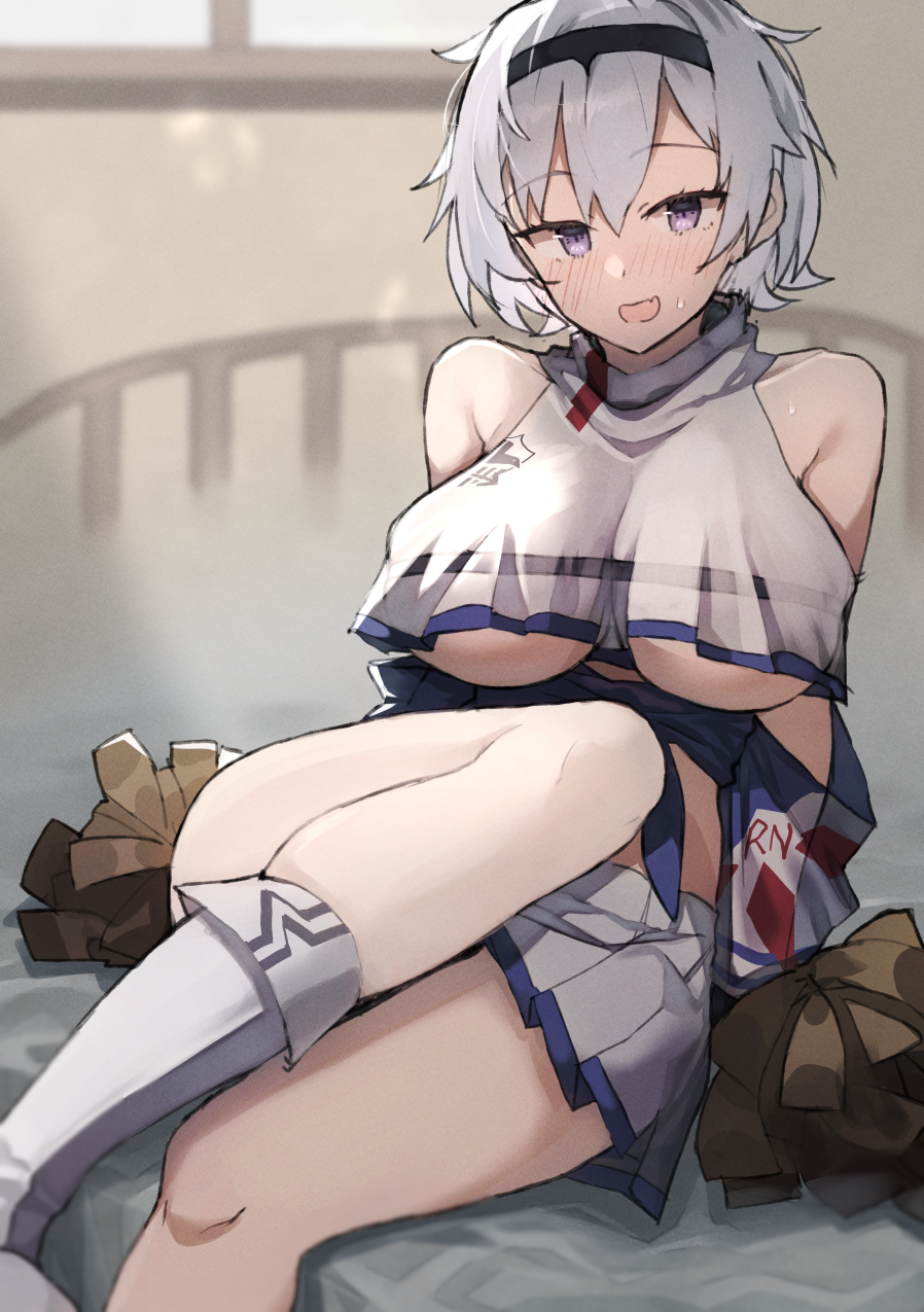 1girl azur_lane bangs bed blush boots breasts cheerleader crop_top detached_sleeves eyebrows_visible_through_hair hairband highres indoors kasuka_(kusuki) large_breasts looking_at_viewer open_mouth pleated_skirt pom_pom_(clothes) reno_(azur_lane) reno_(biggest_little_cheerleader)_(azur_lane) see-through short_hair silver_hair sitting skirt solo sweat under_boob violet_eyes white_footwear