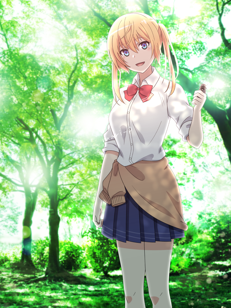 1girl artist_name blonde_hair blue_eyes blue_skirt blush bow bowtie breasts bug cicada day eyebrows_visible_through_hair feet_out_of_frame forest hair_between_eyes holding insect lens_flare looking_at_viewer mari_(marimaripink) medium_breasts nature onishima_homare open_mouth outdoors pleated_skirt red_neckwear school_uniform shirt skirt sleeves_rolled_up smile solo sounan_desuka? standing tongue tree twintails white_shirt