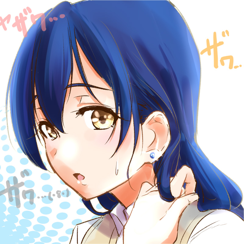 1girl bangs blue_hair earrings hair_between_eyes jewelry love_live! love_live!_school_idol_project open_mouth portrait sketch solo sonoda_umi sweatdrop urutsu_sahari yellow_eyes