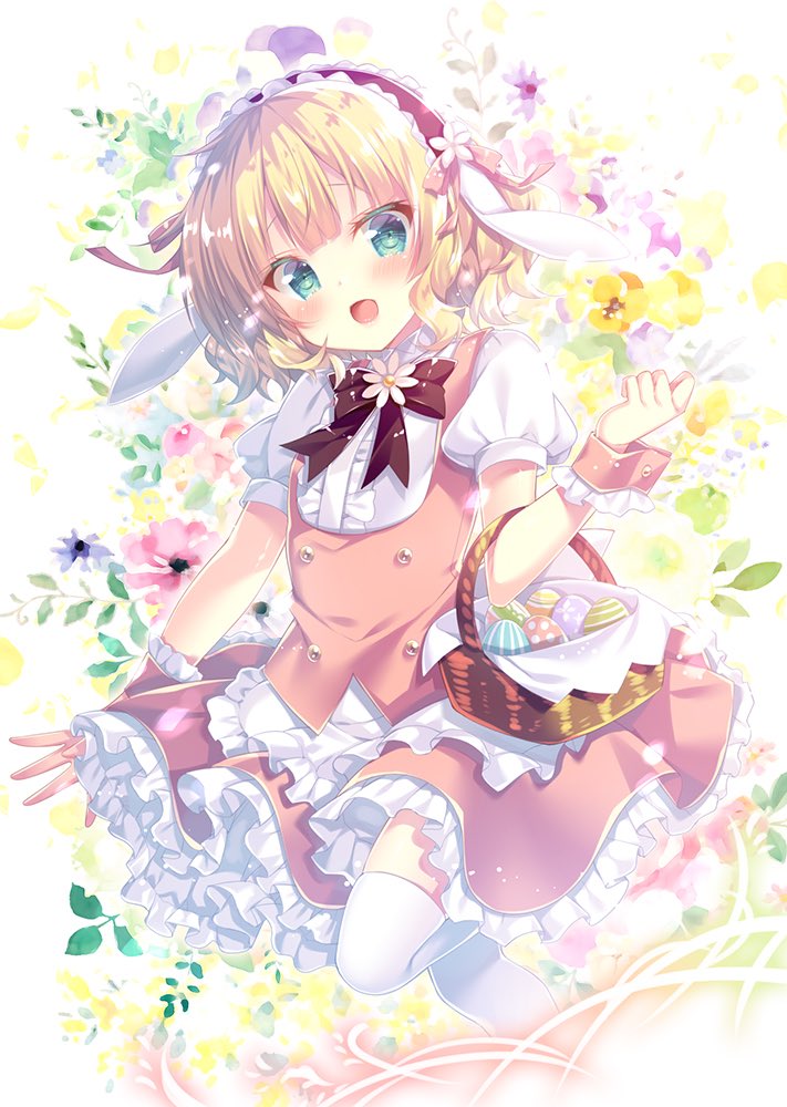 1girl alternate_costume basket blonde_hair blush bow easter_egg egg eyebrows_visible_through_hair gochuumon_wa_usagi_desu_ka? green_eyes holding holding_basket kirima_sharo looking_at_viewer mitsumomo_mamu open_mouth pink_bow short_hair smile solo thigh-highs wavy_hair white_legwear wrist_cuffs