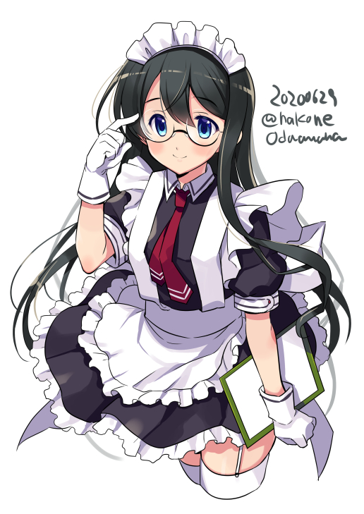 1girl alternate_costume apron black-framed_eyewear black_dress black_hair blue_eyes blush cropped_legs dated dress enmaided garter_straps glasses gloves hair_between_eyes holding kantai_collection long_hair maid maid_apron maid_dress maid_headdress odawara_hakone ooyodo_(kantai_collection) short_sleeves simple_background smile solo thigh-highs twitter_username white_apron white_background white_gloves white_legwear