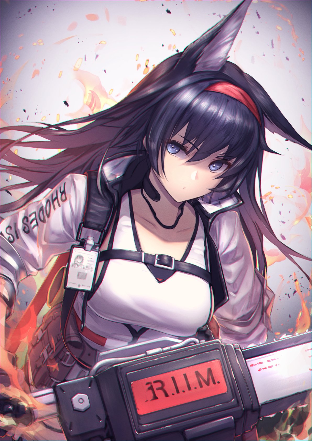 1girl animal_ears arknights belt black_hair blaze_(arknights) blue_eyes breasts cat_ears chainsaw clothes_writing collarbone expressionless fire grey_background hairband highres holding id_card itaco jacket large_breasts long_hair looking_at_viewer pouch shirt short_sleeves sleeveless sleeveless_shirt solo upper_body white_jacket white_shirt