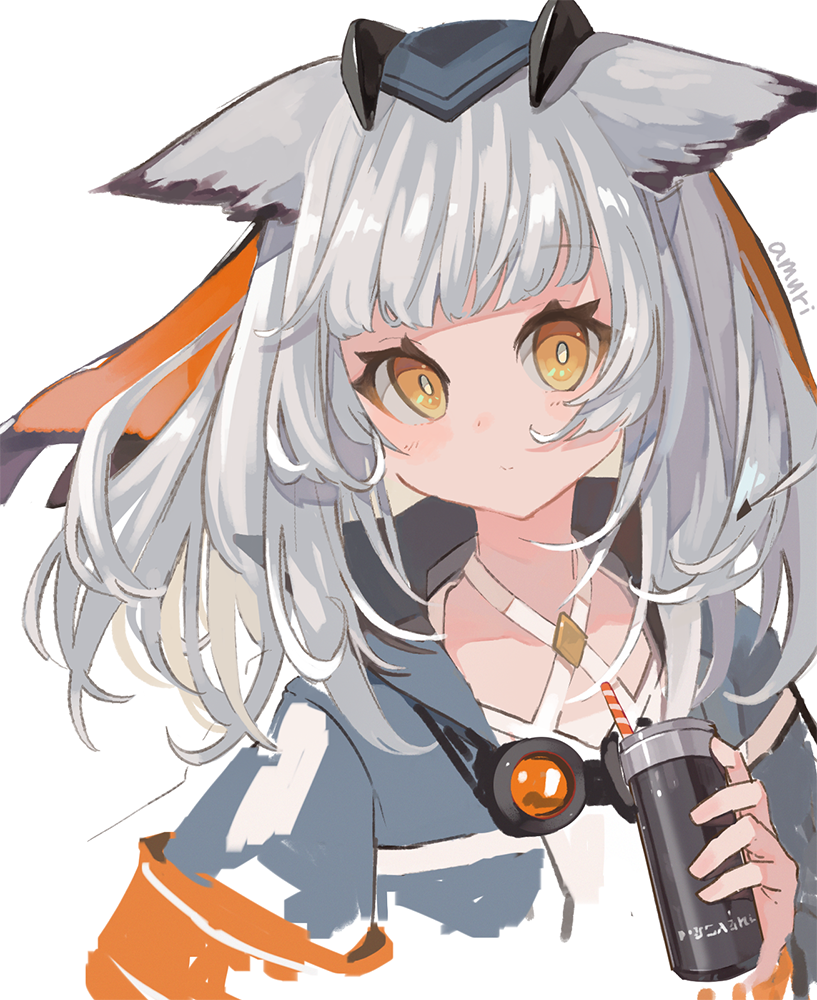 1girl amuri animal_ears arknights artist_name bangs big_hair blush bright_pupils collared_jacket disconnected_mouth drinking_straw eyebrows_visible_through_hair facing_viewer goggles goggles_around_neck grey-framed_eyewear grey_hair grey_jacket hair_between_eyes hair_ribbon holding jacket layered_clothing looking_at_viewer medium_hair open_clothes open_jacket orange-tinted_eyewear orange_eyes orange_ribbon popped_collar ptilopsis_(arknights) ribbon sidelocks signature simple_background sleeve_cuffs solo upper_body white_background white_pupils