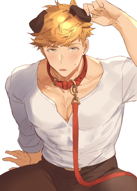 1boy animal_ears bangs bara blonde_hair blush brown_pants chest collar collarbone covered_abs dog_collar granblue_fantasy green_eyes hand_up higashigunkan long_sleeves looking_at_viewer male_focus manly muscle open_clothes open_mouth pants pectorals shirt solo toned toned_male upper_body v-neck vane_(granblue_fantasy) white_background white_shirt