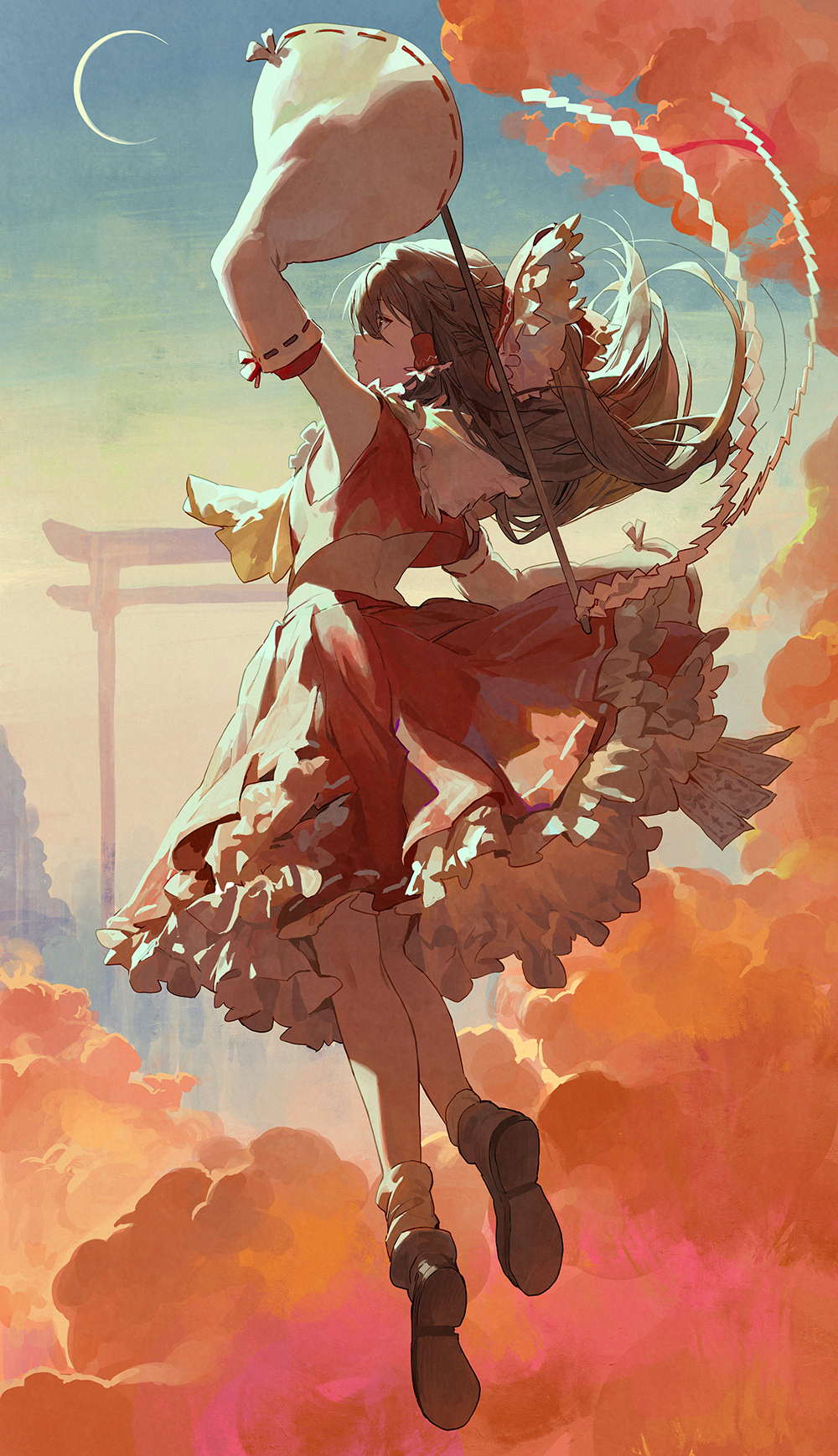 1girl autumn bow brown_footwear brown_hair closed_mouth clouds crescent_moon detached_sleeves dress evening expressionless frilled_skirt frills from_behind full_body gohei hair_bow hair_tubes hakurei_reimu highres japanese_clothes kneepits looking_to_the_side medium_hair miko moon mossi neckerchief ofuda red_bow red_dress red_skirt shoes skirt socks solo torii touhou white_legwear wide_sleeves yellow_neckwear