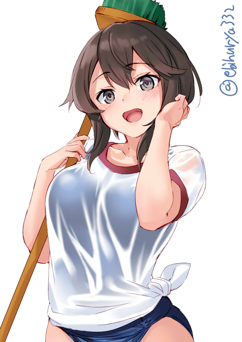 1girl artist_name blue_swimsuit blush breasts brown_eyes brown_hair cleaning cleaning_brush ebifurya gym_shirt gym_uniform hayasui_(kantai_collection) highres kantai_collection large_breasts medium_hair mop one-piece_swimsuit open_mouth school_swimsuit shirt smile swimsuit swimsuit_under_clothes tied_shirt white_background