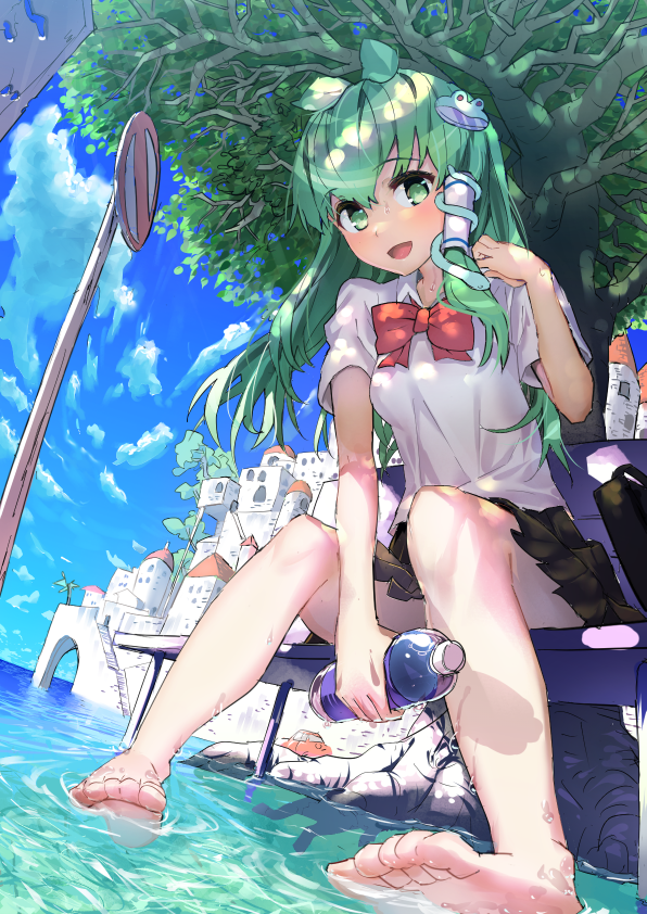 1girl bangs barefoot black_skirt blue_sky bottle bow bowtie building clouds cloudy_sky collared_shirt commentary dappled_sunlight day dutch_angle eyebrows_visible_through_hair frog_hair_ornament green_eyes green_hair hair_ornament hair_tubes hand_in_hair holding holding_bottle kochiya_sanae long_hair looking_at_viewer miniskirt open_mouth outdoors pleated_skirt polpol red_neckwear road_sign shirt sign sitting skirt sky smile snake_hair_ornament solo sunlight sweat touhou tree wading water_bottle wet white_shirt