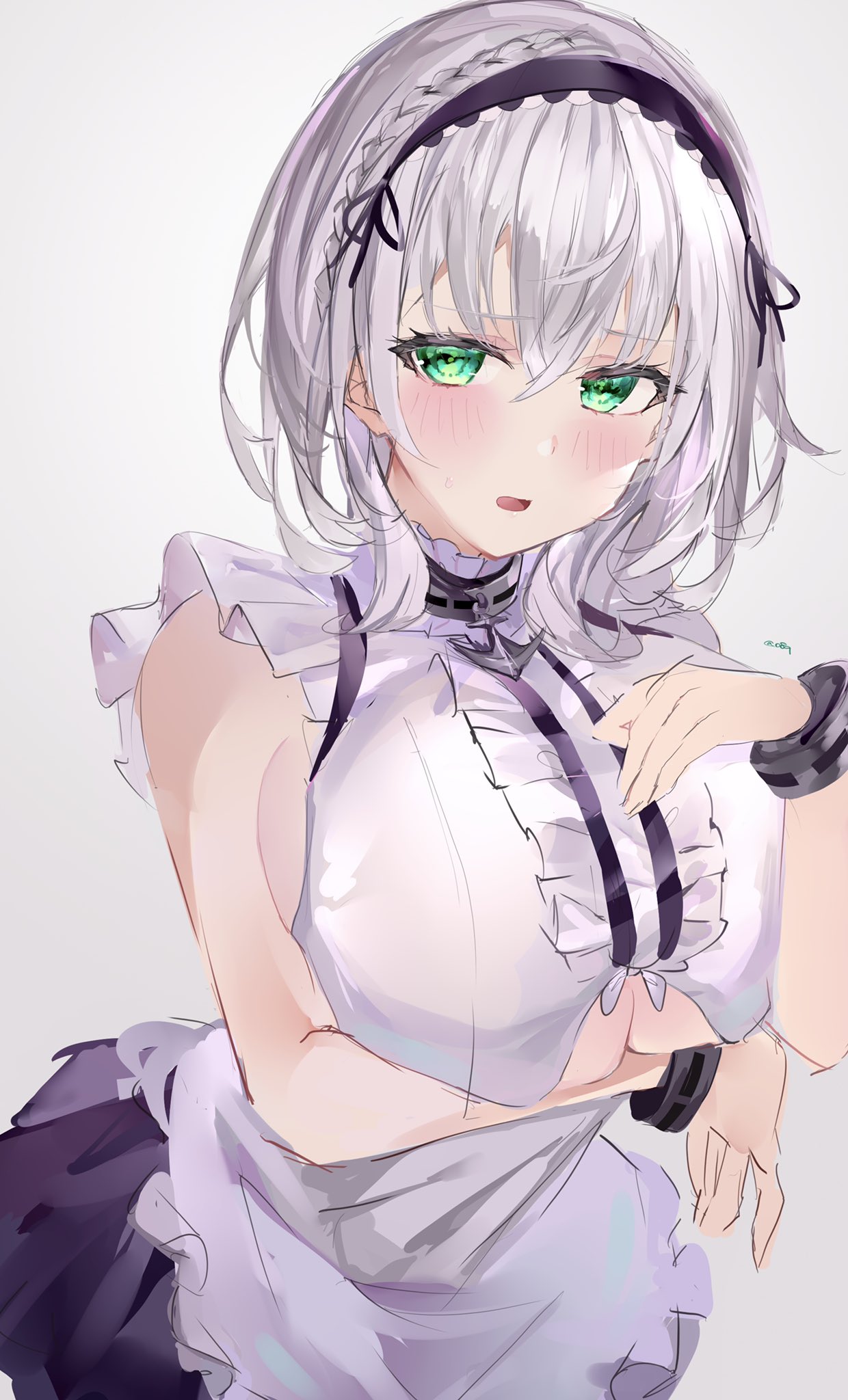 1girl azur_lane blue_eyes breasts cosplay dido_(azur_lane) dido_(azur_lane)_(cosplay) grey_hair highres hololive large_breasts maid_dress maid_headdress mile_(off8mile) shirogane_noel short_hair simple_background sleeveless solo underboob_cutout virtual_youtuber