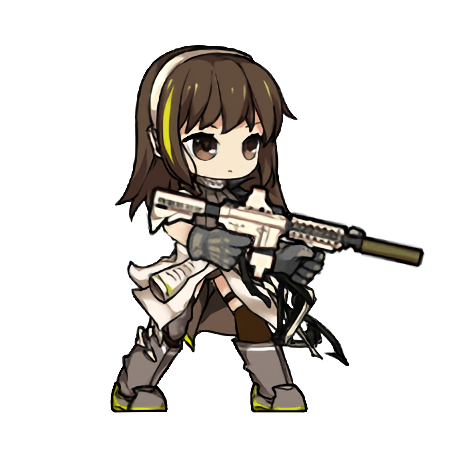 1girl arknights assault_rifle bangs brown_eyes brown_hair chibi commentary_request dairin expressionless full_body girls_frontline gloves green_hair gun headphones holding jacket long_hair lowres m4_carbine m4a1_(girls_frontline) multicolored_hair rifle solo streaked_hair weapon