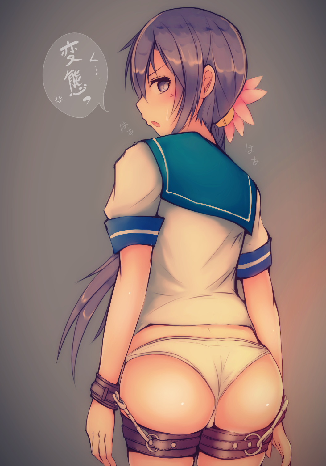 1girl akebono_(kantai_collection) ass bound bound_wrists commentary_request flower hair_flower hair_ornament highres kantai_collection katsuten long_hair looking_at_viewer panties ponytail purple_hair restrained school_uniform serafuku solo sweatdrop translated underwear violet_eyes white_panties