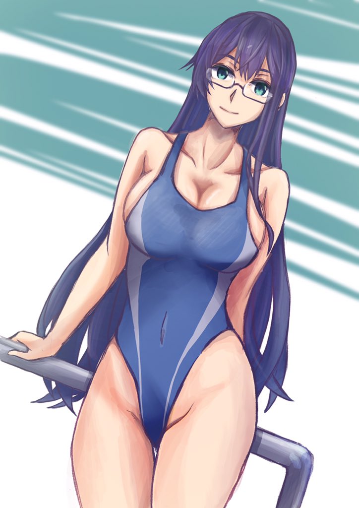 1girl alternate_breast_size black_hair blue_swimsuit breasts competition_swimsuit cowboy_shot dutch_angle glasses green_background green_eyes hairband kantai_collection large_breasts long_hair looking_at_viewer one-piece_swimsuit ooyodo_(kantai_collection) railing semi-rimless_eyewear solo swimsuit thigh_gap tonke two-tone_background under-rim_eyewear white_background