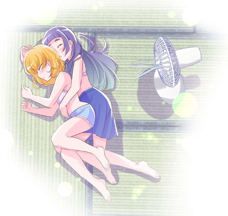 2girls asahina_mirai bare_arms bare_legs bare_shoulders barefoot blue_shorts blue_skirt blush bra closed_eyes commentary electric_fan gradient_hair hand_on_another's_chest hug izayoi_liko light_particles long_hair lying mahou_girls_precure! mitumi_mira multicolored_hair multiple_girls no_shirt on_side orange_hair precure purple_bra purple_hair short_hair shorts skirt sleeping streamers tatami thick_eyebrows underwear vignetting yuri
