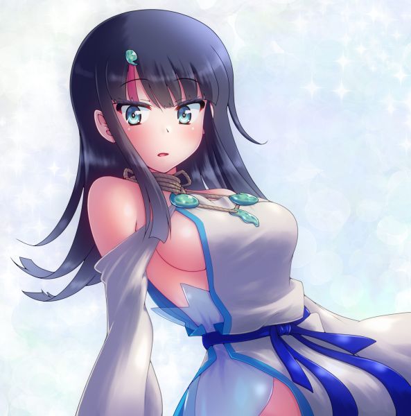 1girl bangs bare_shoulders black_hair blue_eyes blue_ribbon blush breasts dress fate/grand_order fate/requiem fate_(series) jewelry kasabou large_breasts long_sleeves looking_at_viewer magatama magatama_hair_ornament medium_hair multicolored_hair necklace open_mouth pelvic_curtain pink_hair puffy_long_sleeves puffy_sleeves ribbon short_dress sideboob sideless_outfit streaked_hair utsumi_erise white_dress