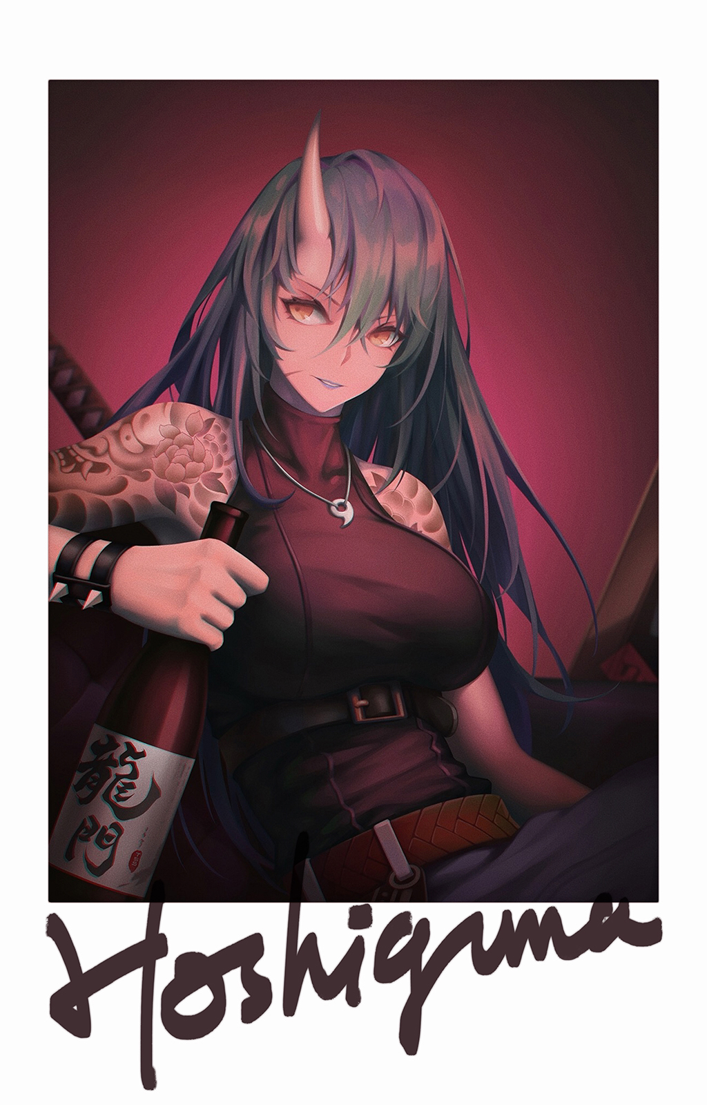 1girl arknights bangs belt black_shirt bottle breasts brown_belt character_name chinese_commentary commentary_request grey_hair hair_between_eyes highres holding holding_bottle horns hoshiguma_(arknights) jewelry large_breasts long_hair looking_at_viewer magatama magatama_necklace necklace parted_lips red_background sake_bottle shirt single_horn solo tassos upper_body yellow_eyes