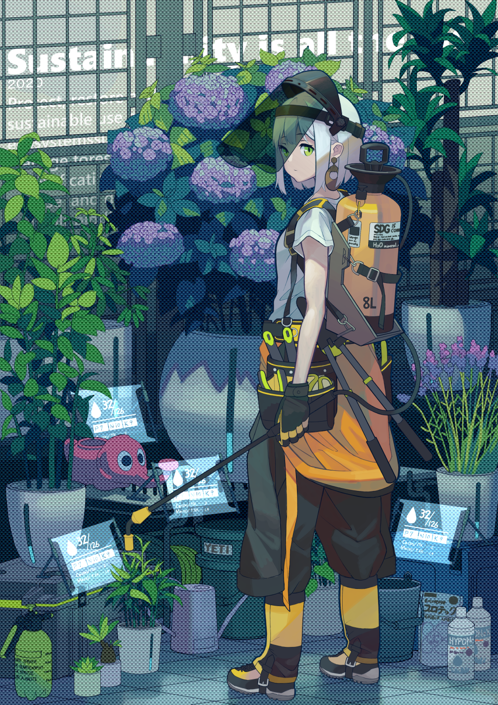 1girl black_footwear black_gloves black_pants bottle breasts bucket canister closed_mouth earrings english_text expressionless flower full_body gardening gloves green_eyes greenhouse highres holographic_interface hoop_earrings hydrangea jewelry lavender_(flower) looking_at_viewer original pants plant potted_plant setamo_map shirt shoes short_hair short_sleeves silver_hair small_breasts sneakers solo standing t-shirt tile_floor tiles tool_belt tools visor watering_can white_shirt