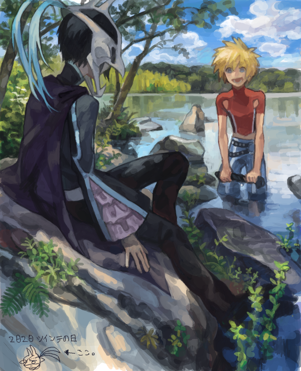 2boys :d black_hair blonde_hair blue_eyes cape day drawr from_behind hidden_face judas_(tales) kyle_dunamis looking_at_another male_focus mask multiple_boys nature nishihara_isao open_mouth outdoors partially_undressed red_shirt shirt short_hair sitting sky smile tales_of_(series) tales_of_destiny_2 translation_request wading water