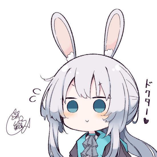 1girl :&gt; alternate_hair_color amiya_(arknights) animal_ear_fluff animal_ears arknights ascot bangs beni_shake black_jacket blue_eyes blue_neckwear blush closed_mouth commentary_request eyebrows_visible_through_hair flying_sweatdrops grey_hair jacket long_hair open_clothes open_jacket ponytail rabbit_ears sidelocks signature simple_background solo translation_request upper_body v-shaped_eyebrows white_background