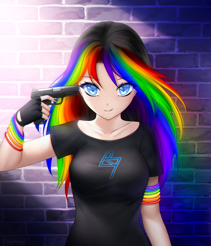 1girl armlet bangs black_gloves black_shirt blue_eyes bracelet brick_wall collarbone commission eyebrows_visible_through_hair fingerless_gloves gigamessy gloves gun hair_between_eyes handgun holding holding_gun holding_weapon jewelry looking_at_viewer multicolored_hair original parted_lips print_shirt rainbow shirt short_sleeves smile solo standing t-shirt upper_body weapon