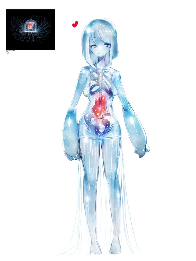 1girl arms_at_sides blue_eyes blue_skin diddms1999 fewer_digits full_body heart jellyfish looking_at_viewer medium_hair monster_girl original oversized_forearms oversized_limbs reference_photo see-through skeleton smile solo transparent white_background