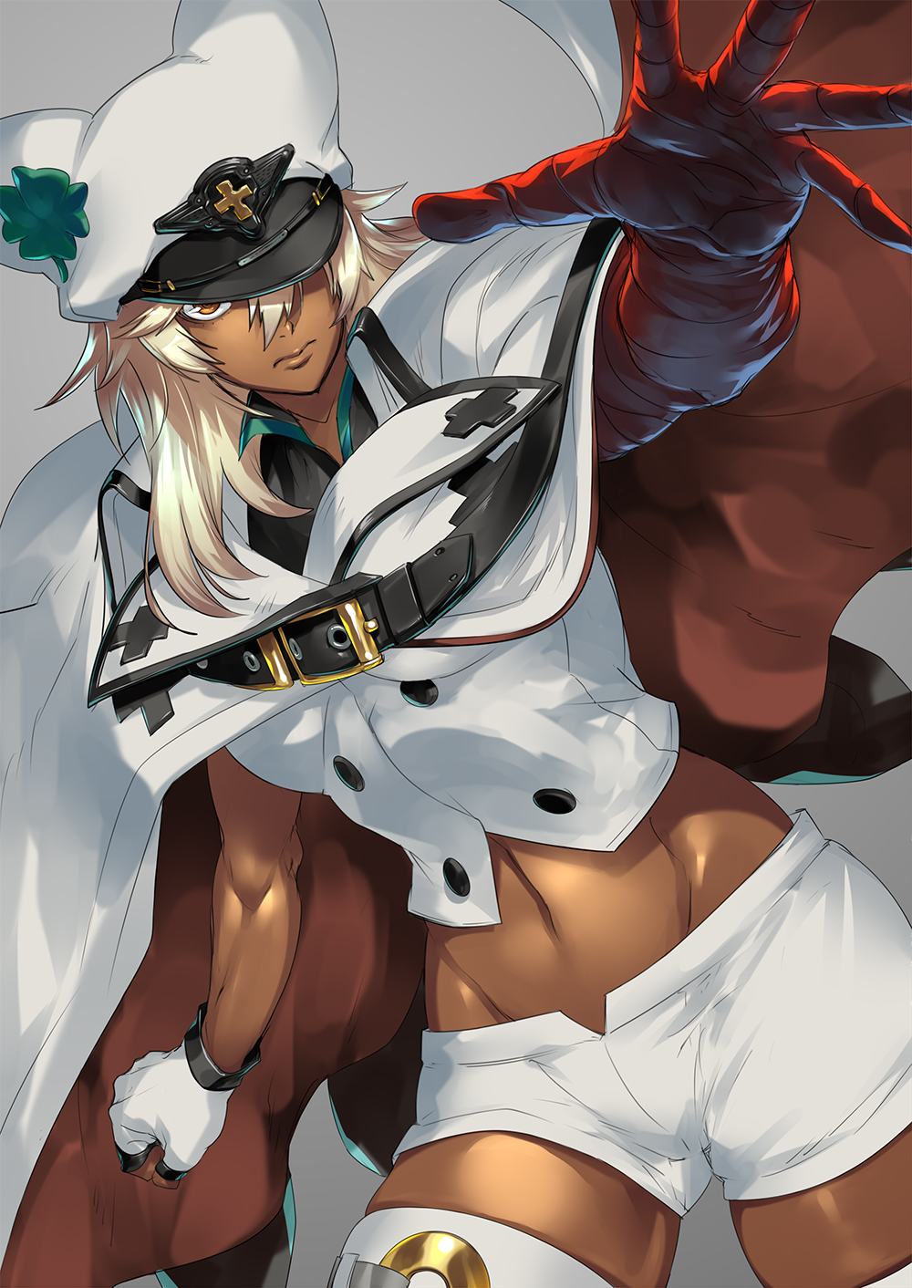 1girl bandaged_arm bandages cloak clover dark_skin fingerless_gloves four-leaf_clover gloves guilty_gear guilty_gear_strive hat_over_one_eye highres hip_bones ippo long_hair looking_at_viewer orange_eyes outstretched_arm platinum_blonde_hair ramlethal_valentine shirt short_shorts shorts single_fingerless_glove solo thigh_strap thighs toned white_gloves white_shirt