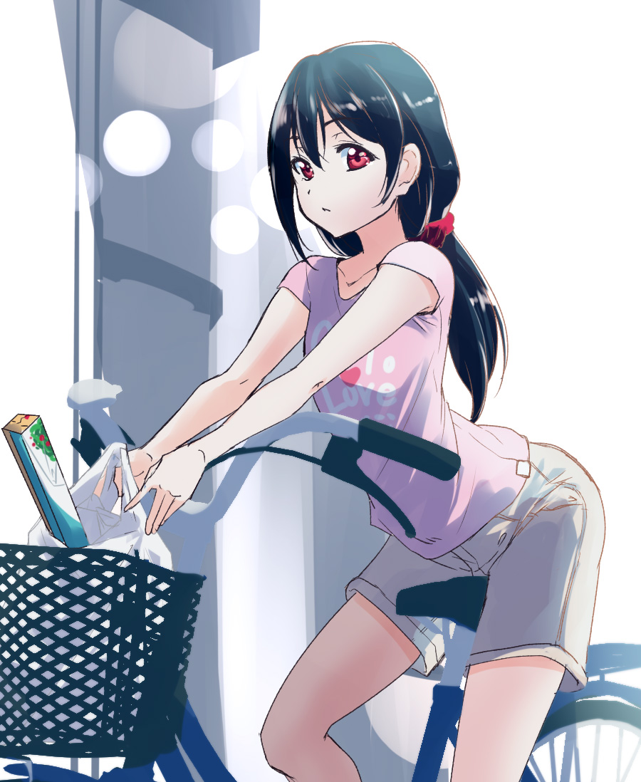 1girl alternate_hairstyle bag bangs bicycle black_hair ground_vehicle hair_between_eyes hair_ornament hair_scrunchie leaning_forward long_hair love_live! love_live!_school_idol_project pink_shirt plastic_bag print_shirt red_eyes red_scrunchie riding scrunchie shiny shiny_hair shirt short_shorts short_sleeves shorts sketch solo urutsu_sahari white_background white_shorts yazawa_nico