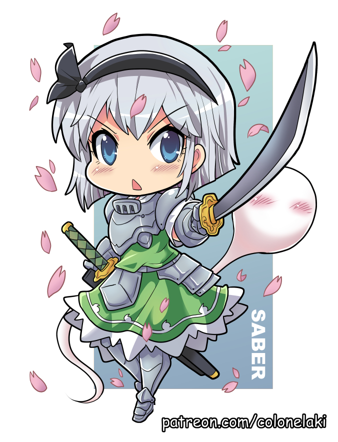 1girl armored_boots armored_skirt black_hairband black_ribbon blue_eyes blush_stickers boots breastplate chibi colonel_aki commentary_request dress english_text eyebrows_visible_through_hair foreshortening gauntlets green_dress hairband holding holding_sword holding_weapon konpaku_youmu konpaku_youmu_(ghost) looking_at_viewer open_mouth petals pointing_sword pointing_weapon ribbon sheath sheathed short_hair silver_hair solo sword touhou v-shaped_eyebrows watermark weapon web_address