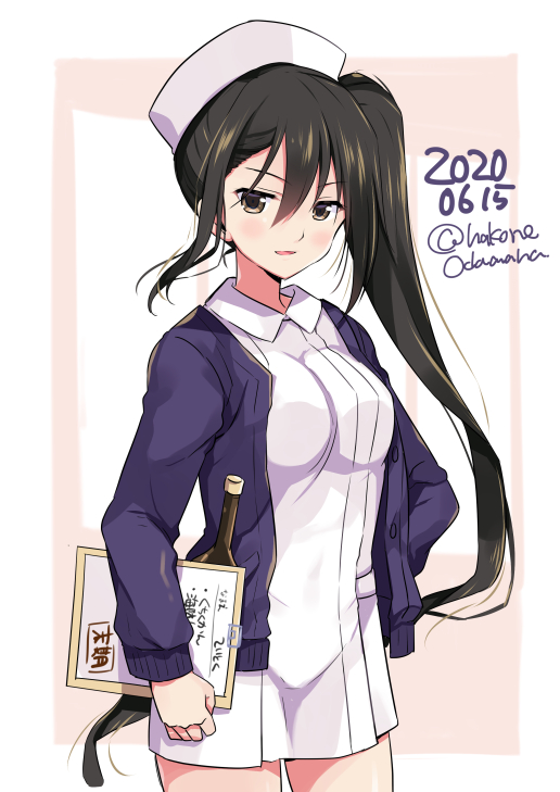 1girl adapted_costume blush bottle breasts brown_eyes brown_hair buttons cardigan cowboy_shot dated hair_between_eyes hat kantai_collection large_breasts long_hair long_sleeves nachi_(kantai_collection) nurse nurse_cap odawara_hakone open_mouth purple_cardigan side_ponytail smile solo translation_request twitter_username