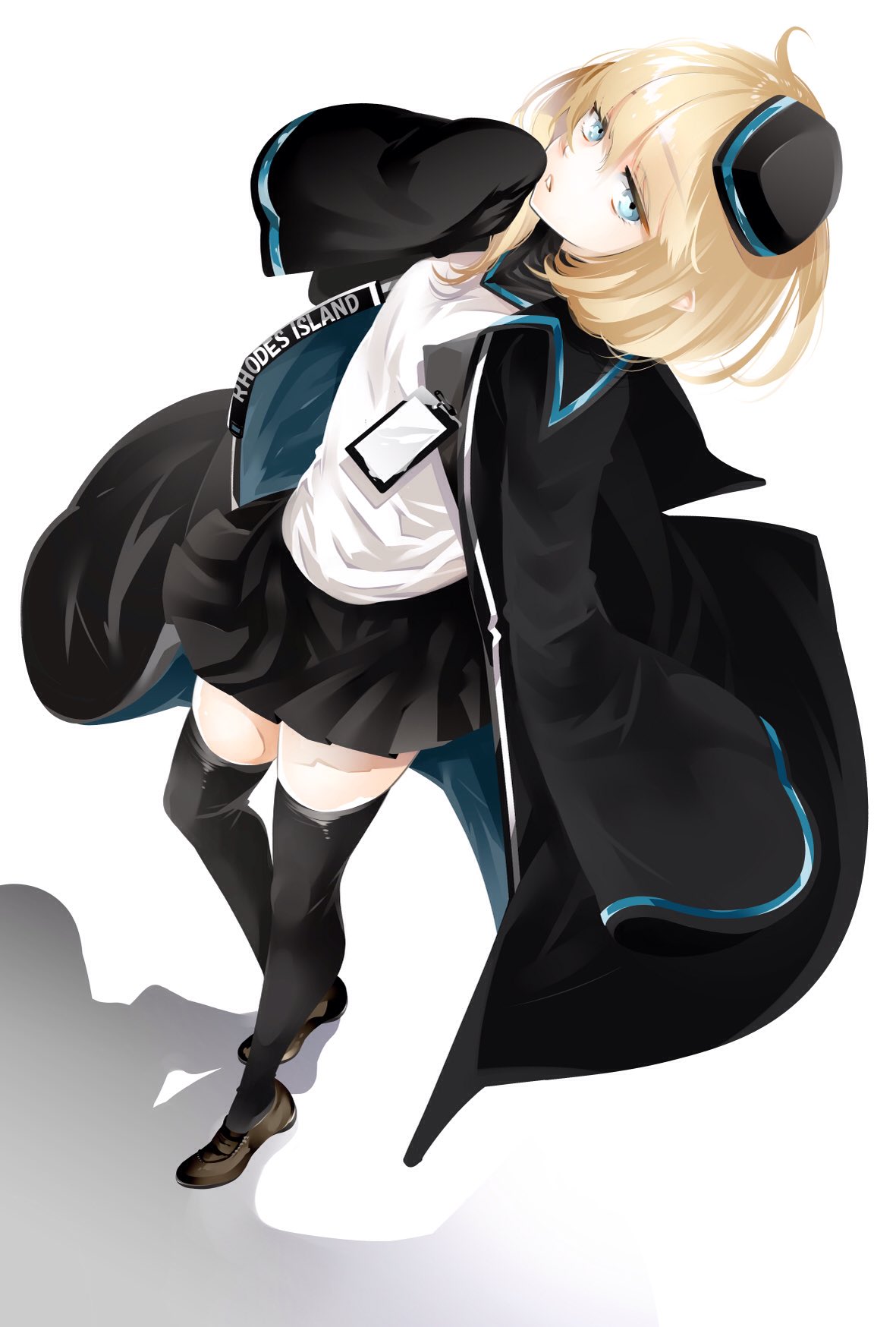 1girl amexame arknights bangs black_footwear black_headwear black_jacket black_legwear black_skirt blonde_hair blue_eyes commentary_request durin_(arknights) full_body garrison_cap hand_up hat highres jacket long_sleeves looking_at_viewer miniskirt open_clothes open_jacket parted_lips pleated_skirt shadow shirt shoes short_hair simple_background skirt sleeves_past_fingers sleeves_past_wrists solo standing thigh-highs white_background white_shirt wide_sleeves zettai_ryouiki