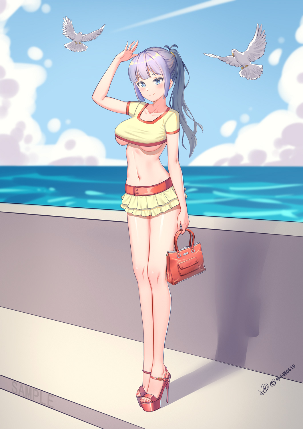 1girl animal bag bangs bird blue_eyes blue_sky blunt_bangs blush breasts chinese_commentary clouds cloudy_sky collarbone commentary_request condensation_trail crop_top day eyebrows_visible_through_hair fingernails hair_tie hand_to_head hand_up handbag high_heels highres konishi_(565112307) large_breasts lavender_hair legs_together long_hair looking_at_viewer midriff miniskirt nail_polish navel no_bra ocean open_mouth original outdoors pigeon pleated_skirt ponytail red_footwear red_nails shirt short_sleeves sidelocks skirt sky smile solo standing stomach toenail_polish toenails toes under_boob