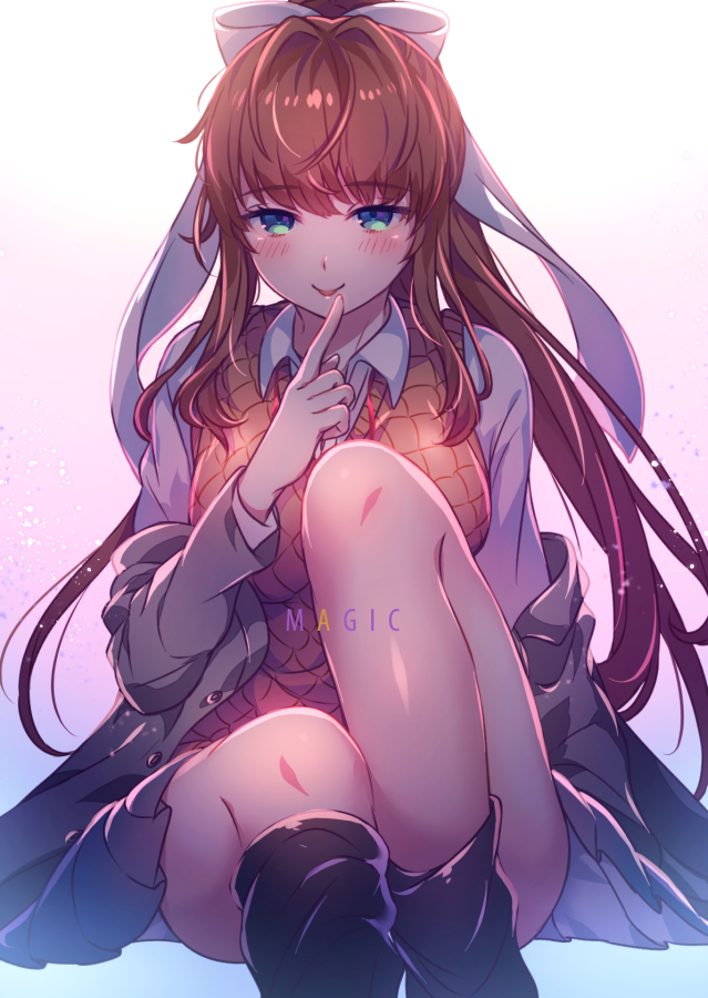 1girl :p aicedrop bangs black_legwear blush brown_hair doki_doki_literature_club eyebrows_visible_through_hair finger_to_mouth gradient gradient_background green_eyes grey_jacket hair_ribbon jacket long_hair looking_at_viewer monika_(doki_doki_literature_club) off_shoulder open_clothes open_jacket orange_vest ponytail ribbon school_uniform shirt simple_background smile solo thigh-highs thighhighs_pull tongue tongue_out vest white_ribbon white_shirt wing_collar