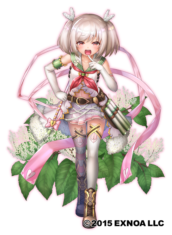 1girl bangs elbow_gloves eyebrows_visible_through_hair flower_knight_girl full_body gloves hand_on_hip holding holding_staff leaning_forward mismatched_legwear nakaishow navel open_mouth pleated_skirt red_eyes short_hair short_twintails silver_hair skirt solo staff striped striped_legwear thigh-highs twintails