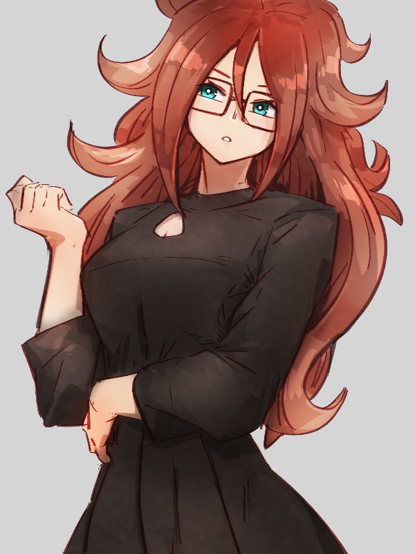 1girl android_21 black_dress blue_eyes dragon_ball dragon_ball_fighterz dress glasses grey_background hair_between_eyes kemachiku long_hair long_sleeves redhead simple_background solo