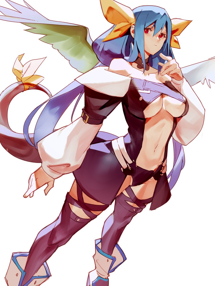 1girl asymmetrical_wings bangs belt black_legwear black_panties blue_hair blush boots breasts choker detached_sleeves dizzy_(guilty_gear) guilty_gear guilty_gear_x guilty_gear_xx hair_between_eyes hair_ribbon hair_rings highres large_breasts long_hair long_sleeves monster_girl navel panties puffy_long_sleeves puffy_sleeves red_eyes ribbon solo stomach tail tail_ribbon thick_thighs thigh-highs thigh_strap thighs twintails uncle_rabbit_ii underwear very_long_hair white_background wings yellow_ribbon