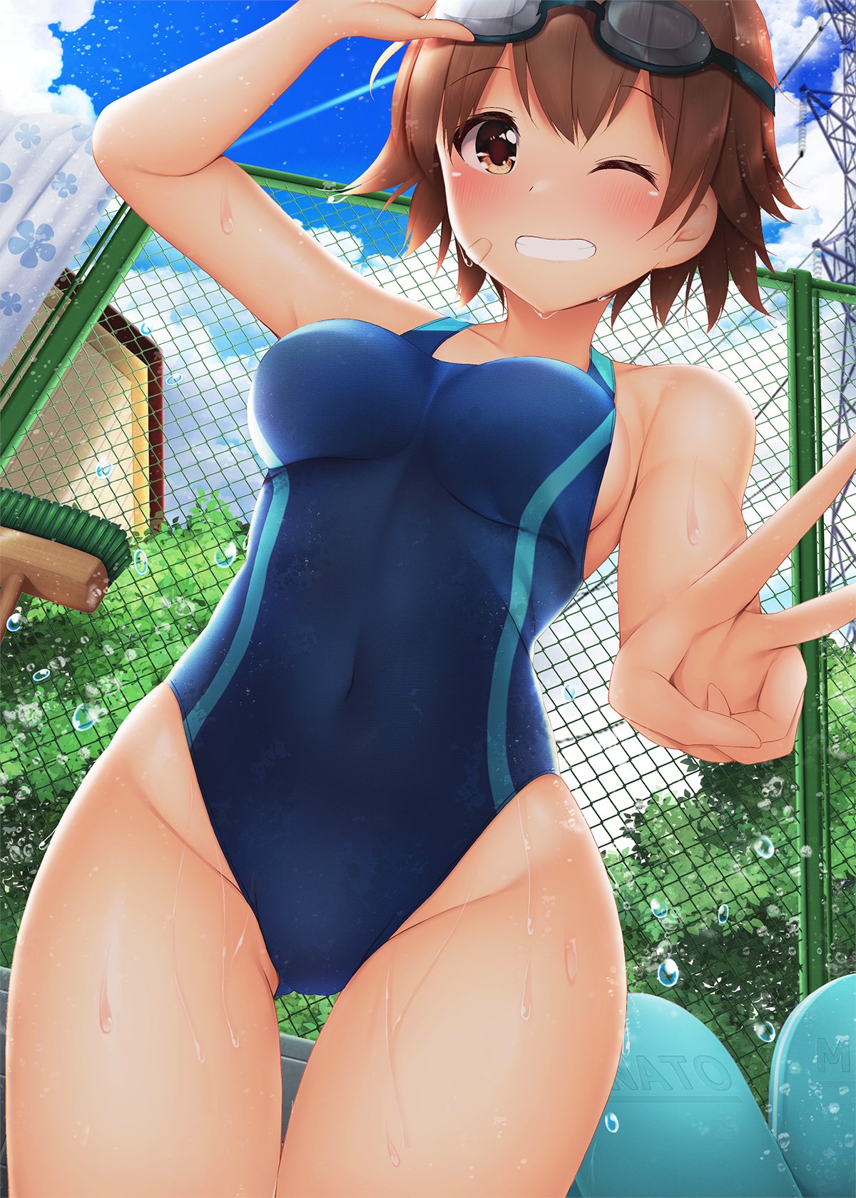 1girl blue_sky blue_swimsuit brown_eyes brown_hair chain-link_fence cleaning_brush clouds commentary_request competition_swimsuit cowboy_shot day fence goggles goggles_on_head grin highres kickboard looking_at_viewer minato_(ojitan_gozaru) one-piece_swimsuit original outdoors power_lines short_hair sky smile solo swimsuit thigh_gap towel wet