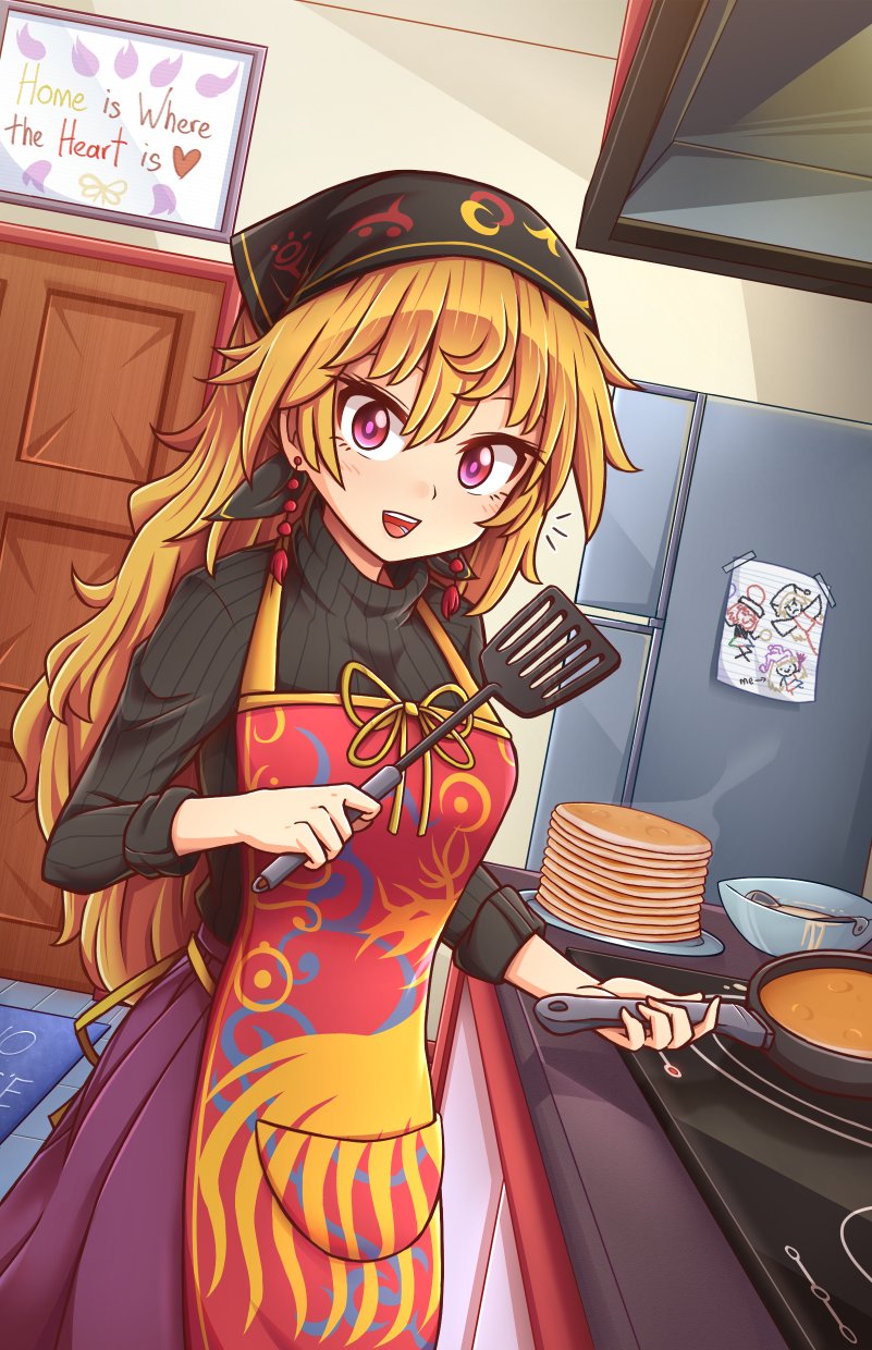 1girl adapted_costume apron black_shirt blonde_hair clownpiece contemporary cooking door drawing english_commentary english_text exhaust_hood food frying_pan hair_between_eyes head_scarf hecatia_lapislazuli highres junko_(touhou) kitchen long_hair long_sleeves looking_at_viewer open_mouth pancake plate red_eyes refrigerator shirt skirt smile solo spatula stack_of_pancakes stove tape touhou turtleneck very_long_hair wool_(miwol)